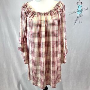 Long bell sleeve on or off shoulder ivory and pink plaid tunic top size L/XL